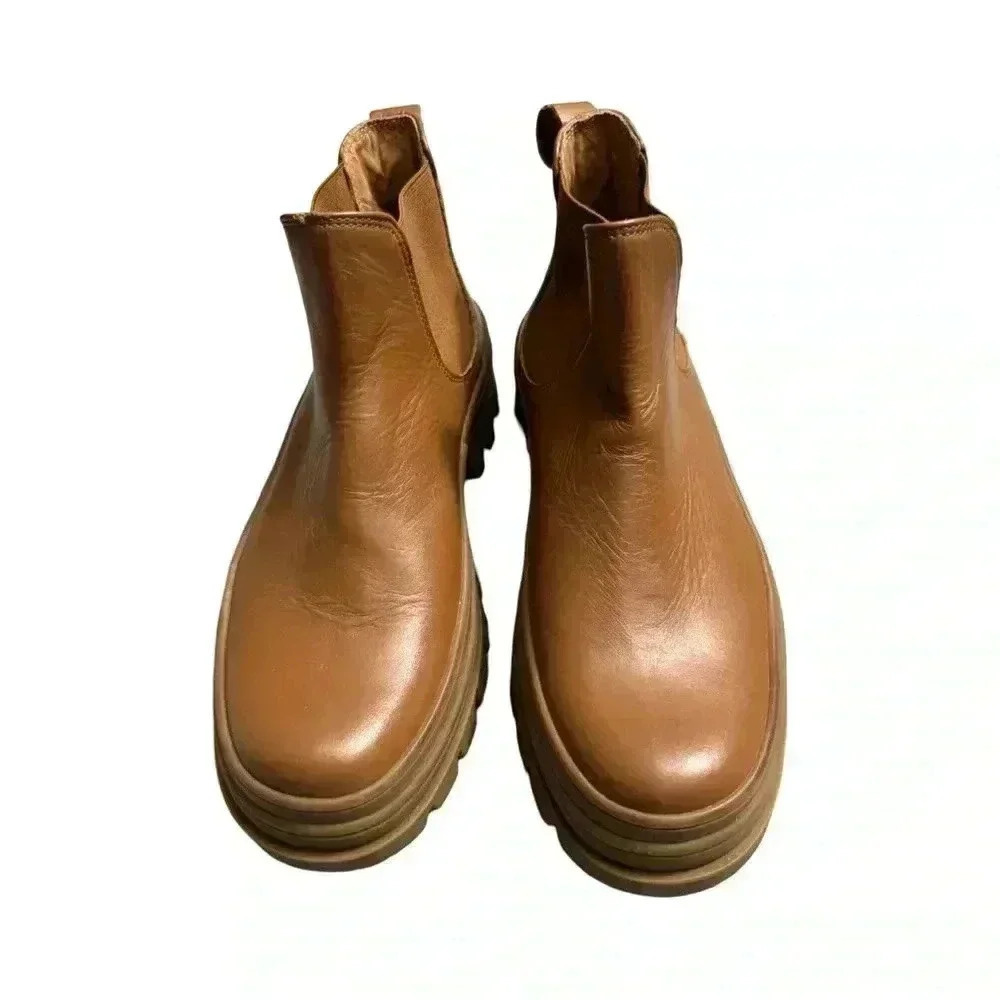 KOIO Verona Leather Chelsea Boots Chunky Sole Minimalist Tan Beige Platform - Picture 4 of 15